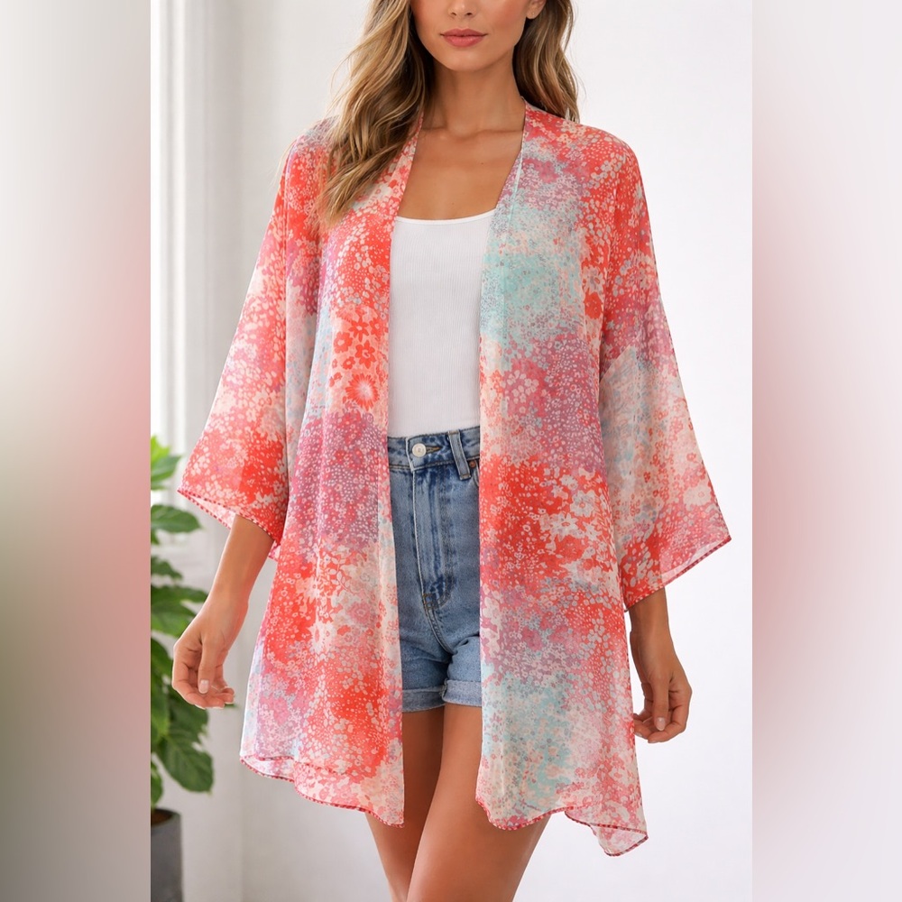 Free Press Coral and Aqua Floral Kimono